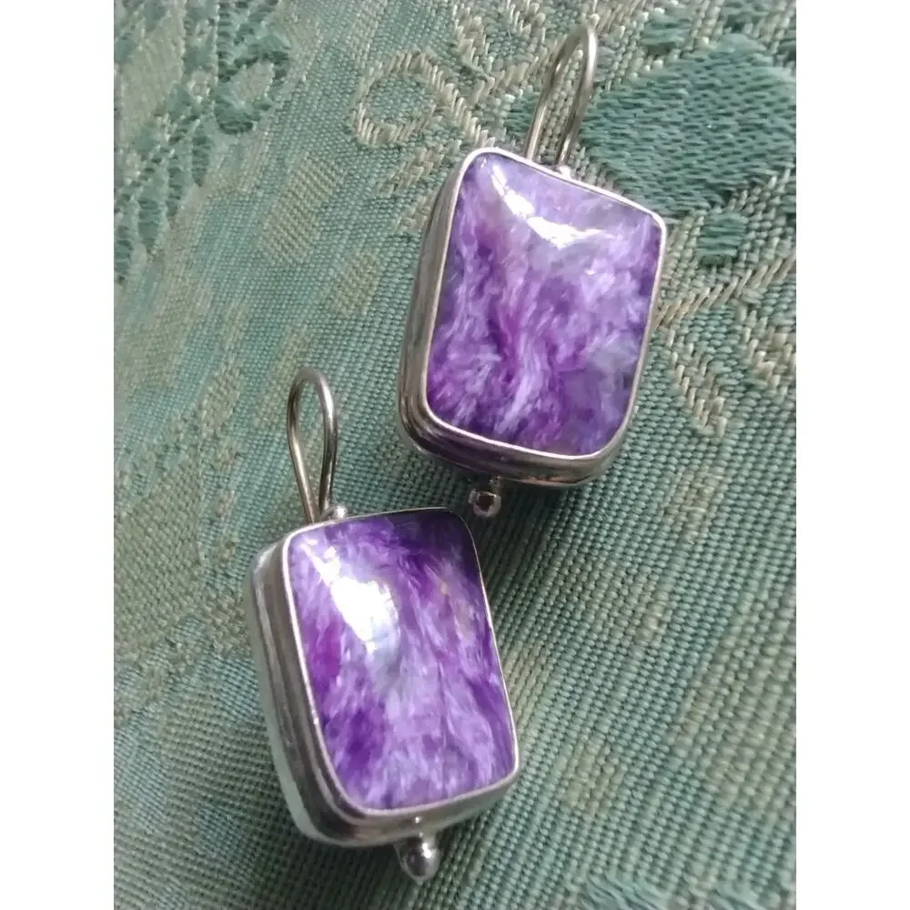 Siberian Natural Charoite Mineral & 925 Sterling Silver Artisan Signed Earrings